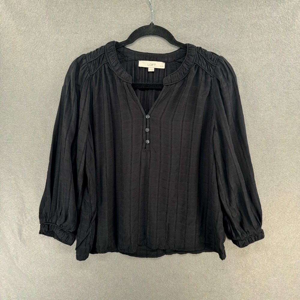 Loft Blouse Womens Size SP Black Dobby Stripe Ruched Shoulder Top Split Neck